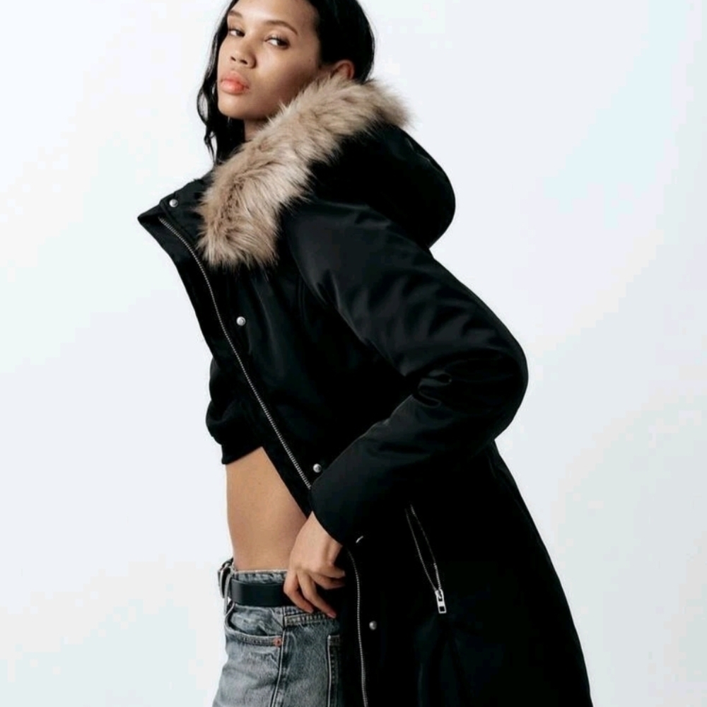 Women's Black Parka Coat with Faux Fur Trim Hood - Picture 6 of 7